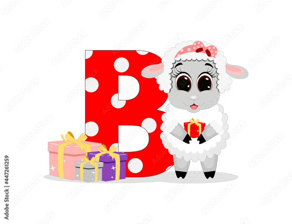Cute Cartoon sheep with letter B. Perfect for greeting cards, party invitations, posters, stickers, pin, scrapbooking, icons. Cute Cartoon sheep with letter B. Perfect for greeting cards, party invitations, posters, stickers, pin, scrapbooking, icons.