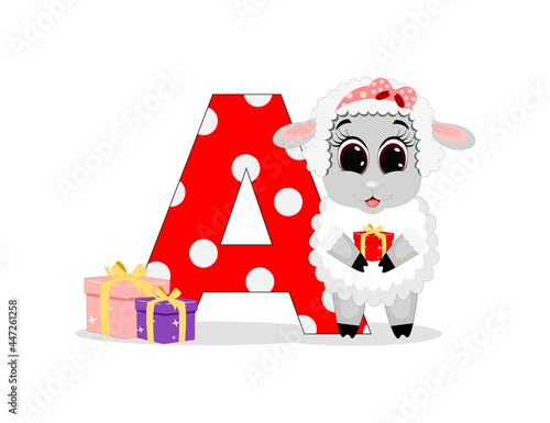 Wallpaper Mural Cute Cartoon sheep with letter A. Perfect for greeting cards, party invitations, posters, stickers, pin, scrapbooking, icons. Torontodigital.ca