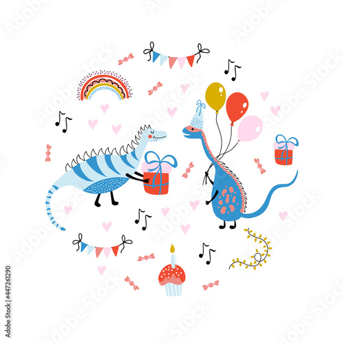 Happy Birthday. Cute vector print with dinosaurs, gifts, balloons, cupcake, rainbow on white background. Colorful illustration in simple hand drawn style for kids birthday party. 