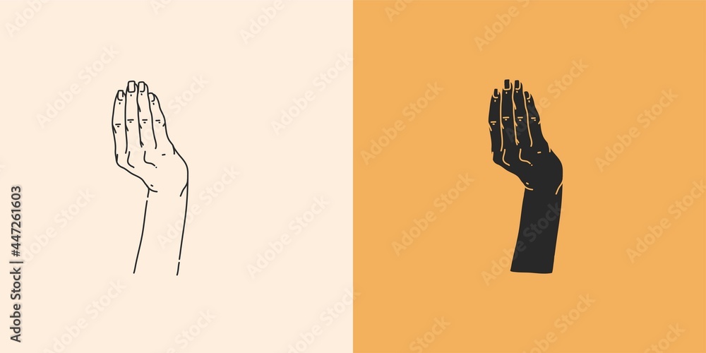 Hand drawn vector abstract stock flat graphic illustration with minimal logo elements collection set,occult mystery witch hands touch line drawing and silhouette,magic art in simple style for branding Hand drawn vector abstract stock flat graphic illustration with minimal logo elements collection set,occult mystery witch hands touch line drawing and silhouette,magic art in simple style for branding