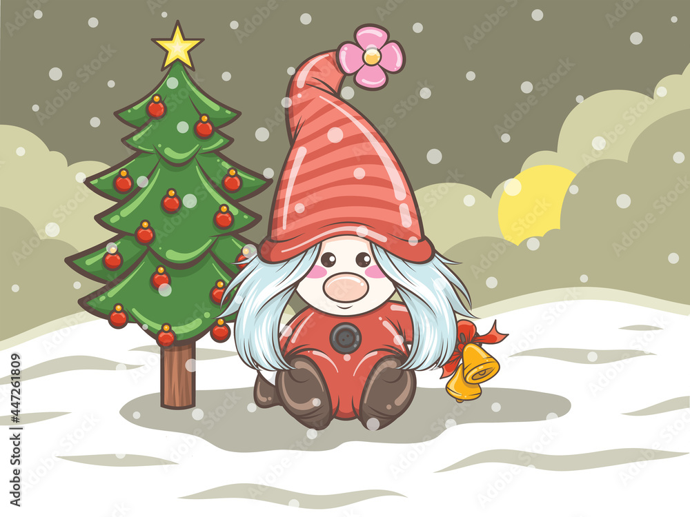 cute gnome girl illustration holding Christmas bell cute gnome girl illustration holding Christmas bell