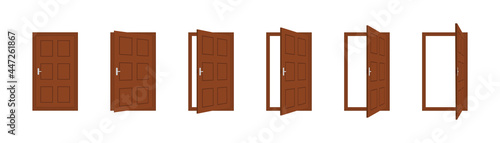 Door open. Wooden close door in house or office. Set of cartoon doorway in front with frame and handle. Animation wood interior for entrance and exit. 3d isolated brown doorframe. Vector