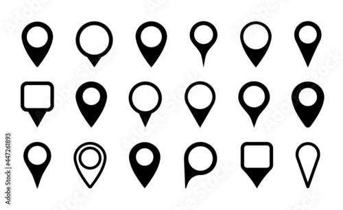 Pin icon for map location. Point marker for gps, geo position and place. Tag or symbol of destination in travel and road. Set of black map pointer on white background. Sign of navigation. Vector