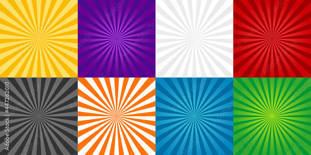 Sun burst background. Comic ray of starburst. Set of red, green, blue, orange and gray cartoon sunburst backgrounds. Abstract pop art for book, banner and wallpaper. Vintage style with beam. Vector Sun burst background. Comic ray of starburst. Set of red, green, blue, orange and gray cartoon sunburst backgrounds. Abstract pop art for book, banner and wallpaper. Vintage style with beam. Vector