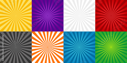 Sun burst background. Comic ray of starburst. Set of red, green, blue, orange and gray cartoon sunburst backgrounds. Abstract pop art for book, banner and wallpaper. Vintage style with beam. Vector