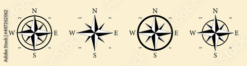 Compass icon. Nautical compass with north, south, west, east for map and travel. Logo for direction, navigation. Sign of marine orientation for ship. Dial with arrow. Symbol of rose of wind. Vector.