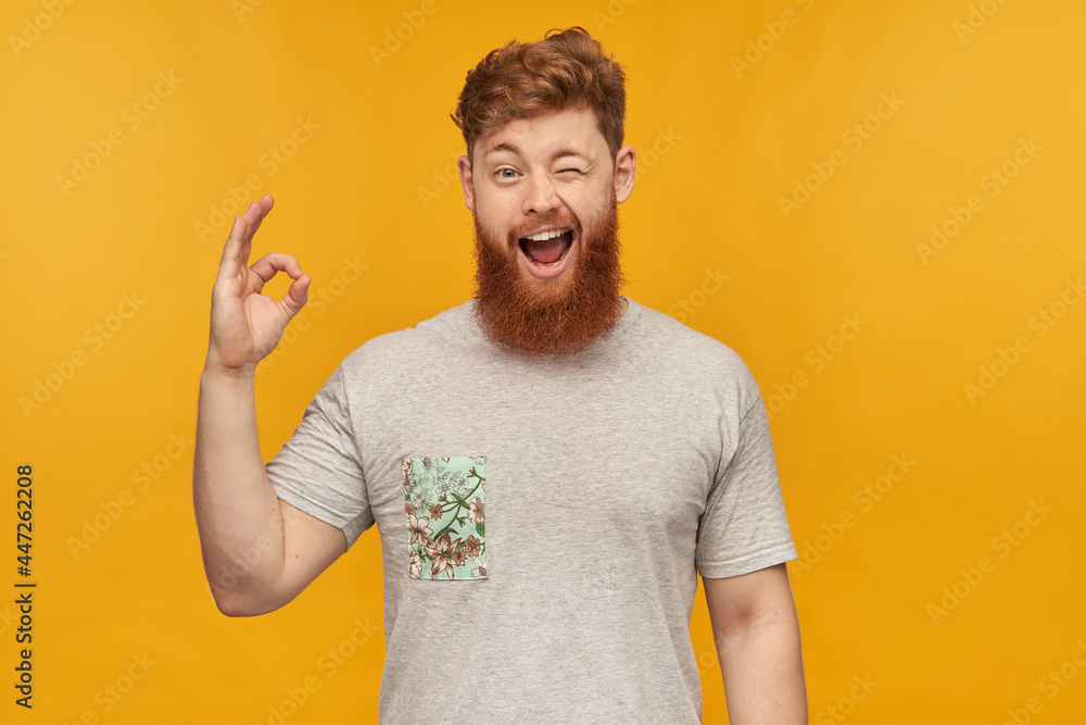 young male student, wears grey t-shirt, with red hair and beard, shows ok sign, smiles broadly and winks. Isolated over yellow background young male student, wears grey t-shirt, with red hair and beard, shows ok sign, smiles broadly and winks. Isolated over yellow background