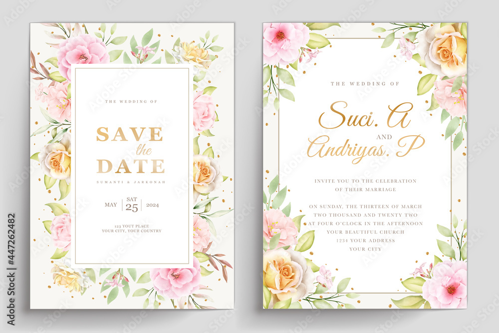 Hand drawn floral wedding invitation template