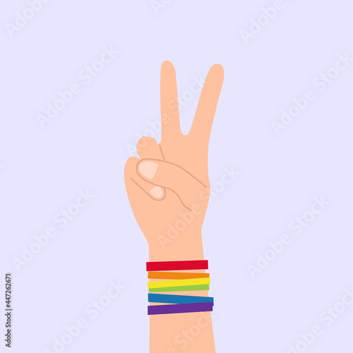 Hand gesturing peace with rainbow colored LGBTQ bracelets on blue background isolated vector illustration. LGBTQ community symbol, concept. Gay pride. LGBT, love movement. Pacific sign