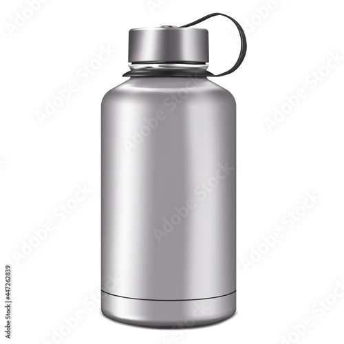 Blank insulated water bottle isolated on white background, realistic vector mock-up. Stainless steel shiny metal sport flask, mockup. Template for design