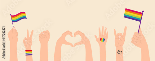 Collection of LGBTQ hands community symbols clipart isolated. Hands with flags, concept of LGBT people elements. fist, love, heart, peace and rock. Gay parade. gay, lesbian and trans icons vector set