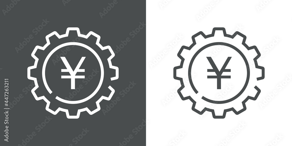 Proceso financiero. Icono plano engranaje con símbolo del yen con lineas en fondo gris y fondo blanco Proceso financiero. Icono plano engranaje con símbolo del yen con lineas en fondo gris y fondo blanco
