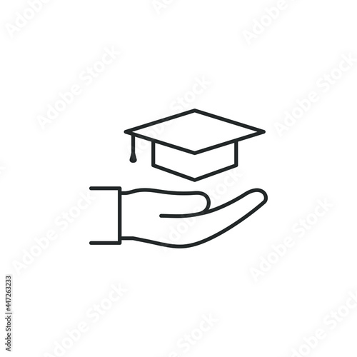 Graduation cap on hand. Education icon line style isolated on white background. Vector illustration