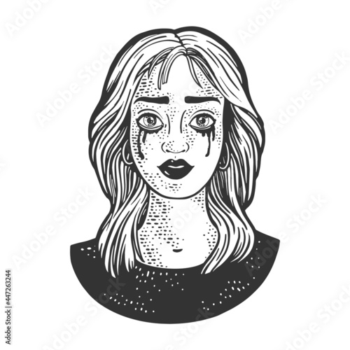 Tear stained girl with flowing mascara sketch engraving vector illustration. T-shirt apparel print design. Scratch board imitation. Black and white hand drawn image.