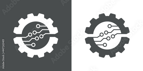 Tecnología electrónica. Logotipo con engranaje con circuito digital con lineas en fondo gris y fondo blanco