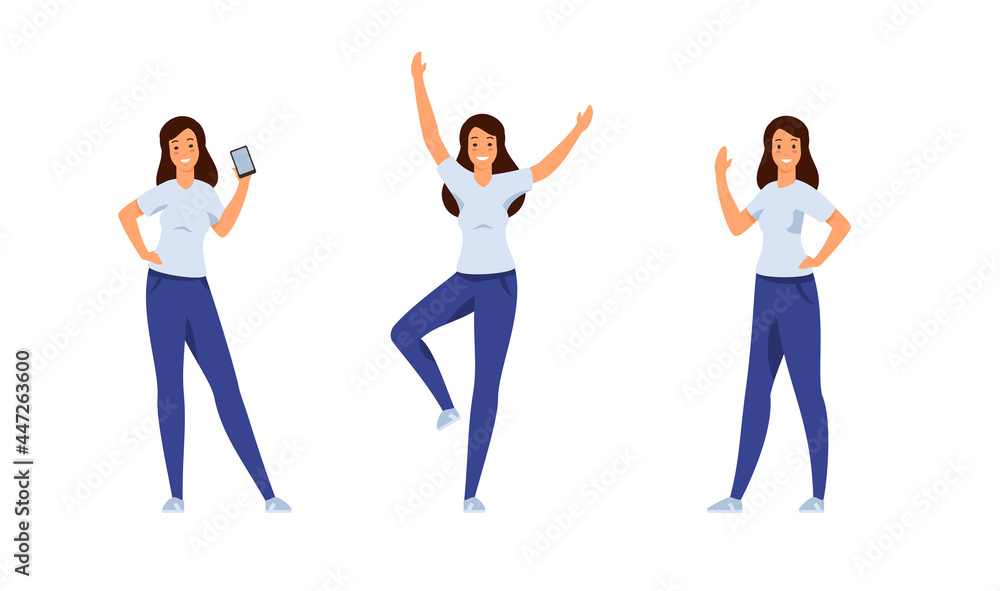 Joyful attractive woman set. Beautiful girl in tshirt and jeans is showing new smartphone. He enthusiastically wants to hug close friend. Raises his hand in greeting. Vector cartoon template Joyful attractive woman set. Beautiful girl in tshirt and jeans is showing new smartphone. He enthusiastically wants to hug close friend. Raises his hand in greeting. Vector cartoon template