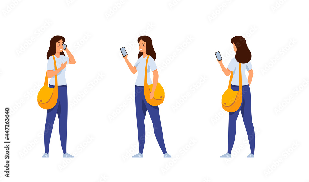 Obraz premium Young woman with smartphone various activities set. Beautiful girl in jeans and tshirt is happily talking on phone. Yellow stylish bag. Reads new messages in web application. Vector flat template.