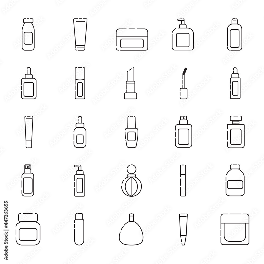 Set of 35 cosmetic packaging related icons outline. on a white background Set of 35 cosmetic packaging related icons outline. on a white background