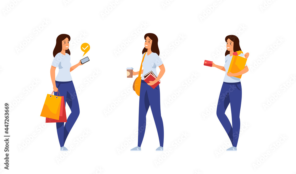 Beautiful girl with different actions shopping set. Young woman in tshirt and jeans with packages pays for goods from app. With books and coffee goes to university. Vector flat template Beautiful girl with different actions shopping set. Young woman in tshirt and jeans with packages pays for goods from app. With books and coffee goes to university. Vector flat template