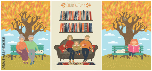 Autumn set. Family, senior couple, and girl reading book, sitting on sofa and bench and enjoy fall.
