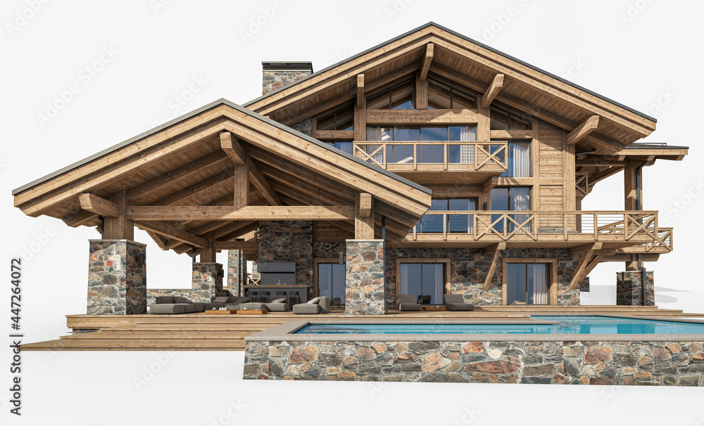 3d rendering of modern cozy chalet with pool and parking for sale or rent. Massive timber beams columns. Clear sunny summer day. Isolated on white 3d rendering of modern cozy chalet with pool and parking for sale or rent. Massive timber beams columns. Clear sunny summer day. Isolated on white