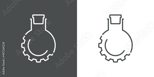 Laboratorio de química. Icono plano engranaje con probeta de forma circular con tapón con lineas en fondo gris y fondo blanco