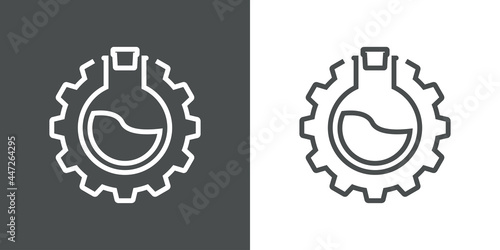 Laboratorio de química. Icono plano engranaje con probeta de forma circular con tapón con lineas en fondo gris y fondo blanco