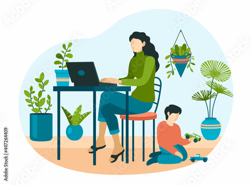 Woman with laptop in home plants interior. Female character works at table in cozy setting of potted potted flowers. Child is played on floor with toy cars. Vector flat illustration