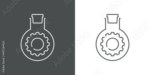 Laboratorio de química. Icono plano engranaje con probeta de forma circular con tapón con lineas en fondo gris y fondo blanco