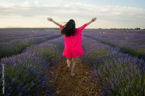 Fototapeta Naklejka Na Ścianę i Meble -  back portrait of young happy and beautiful woman in Summer dress enjoying nature running free and playful outdoors at purple lavender flowers field in romantic beauty concept