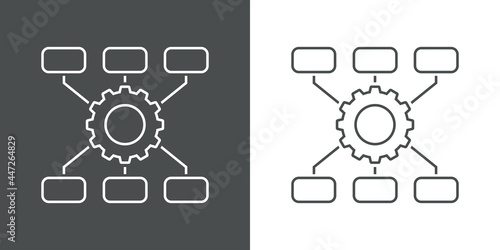 Logotipo automatización. Icono plano engranaje con diagrama de producción con lineas de fondo gris y fondo blanco
