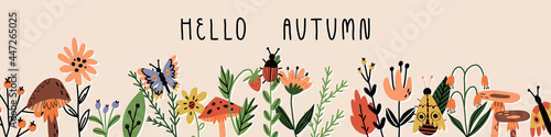 Forest plants and funny insects banner with lettering. Flowers, leaves, mushrooms, wild berries, bugs and butterflies