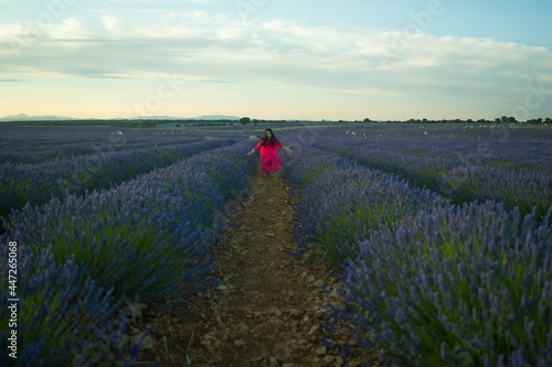 young happy and beautiful Asian Chinese woman in Summer dress enjoying nature free and playful outdoors at purple lavender flowers field in romantic beauty and freedom concept