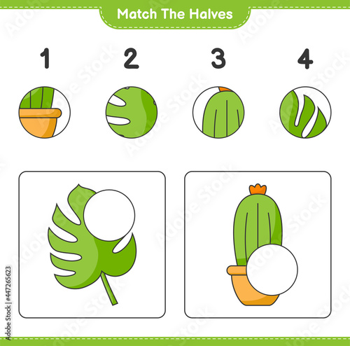 Match the halves. Match halves of Cactus and Monstera. Educational children game, printable worksheet, vector illustration