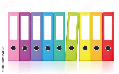 Colored ring binders, colorful blank leaf binder map set, rainbow colors collection for happy office work and tidy filing. Isolated vector illustration on white background.
