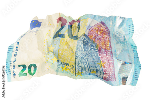 crumpled 20 euro banknote isolated on white background. photo