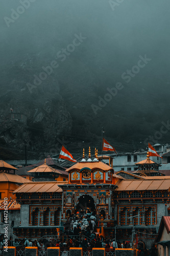 Moody photograph of Badrinath temple in Uttarakhand during monsoon season