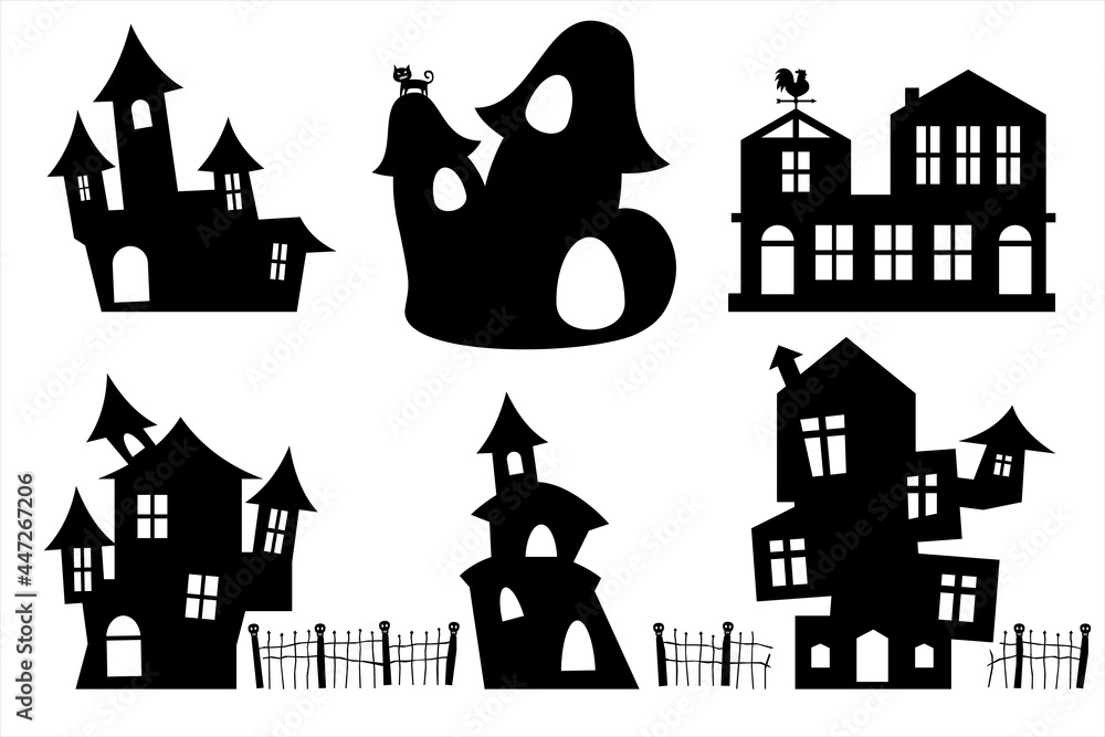 Set of black ghost house for design Halloween party banner brochure website