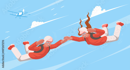 Parachutists soar in the sky. Skydiving. View of a couple flying in the sky. In the background a receding airplane. Vector flat design illustration.