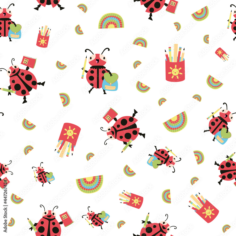 Fototapeta premium Ladybug back to school vector seamless pattern background. Fun cartoon kawaii ladybird characters with backbacks, pencils, notebooks on white backdrop. Education, kindergarten repeat for children.