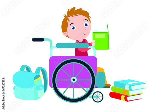 School boy in wheel chair reading book cartoon 2d vector concept for banner, website, illustration, landing page, flyer, etc.