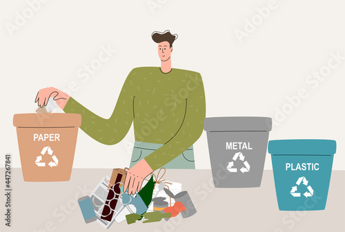 A man who cares about the environment sorts waste into separate containers and throws it into the trash bin for recycling and reuse. Waste recycling. Zero waste concept. Home sorting waste. 