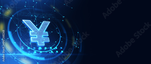 Fotografía Creative yen yuan hologram on dark blue background with mockup place