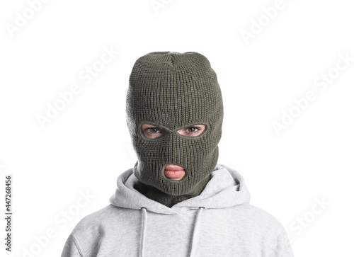 Photos Woman wearing knitted balaclava on white background
