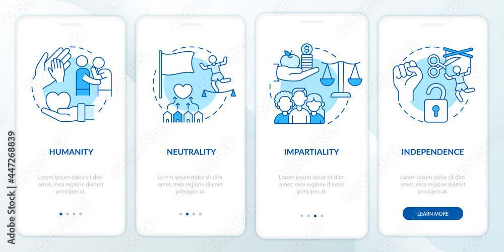 Humanitarian aid autonomy onboarding mobile app page screen. Humanity, neutrality walkthrough 4 steps graphic instructions with concepts. UI, UX, GUI vector template with linear color illustrations