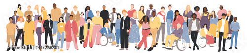 People of different ethnicities stand side by side together. Flat vector illustration.	
