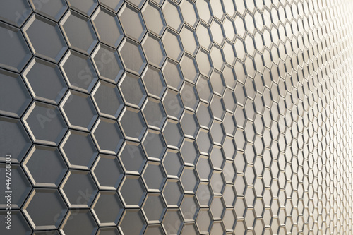 Fototapeta Naklejka Na Ścianę i Meble -  Creative silver honeycomb background. Landing page concept. 3D Rendering.