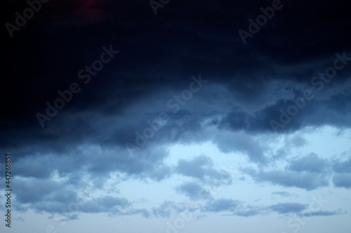 Gradient cold Blue sky with white and dark Clouds before the rain at evening. Texture background for banner or any design