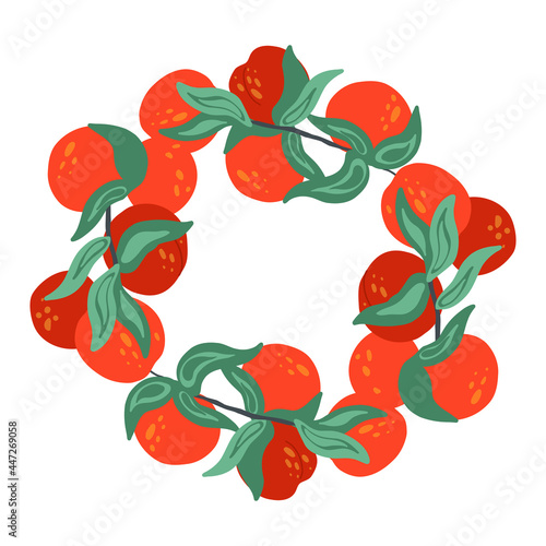 Fototapeta Naklejka Na Ścianę i Meble -  Round frame with nectarine, foliage, stems and place for text. Circle border with summer sweet berries for the menu. Vector template with fruits, leaves and copy space for cards isolated on background