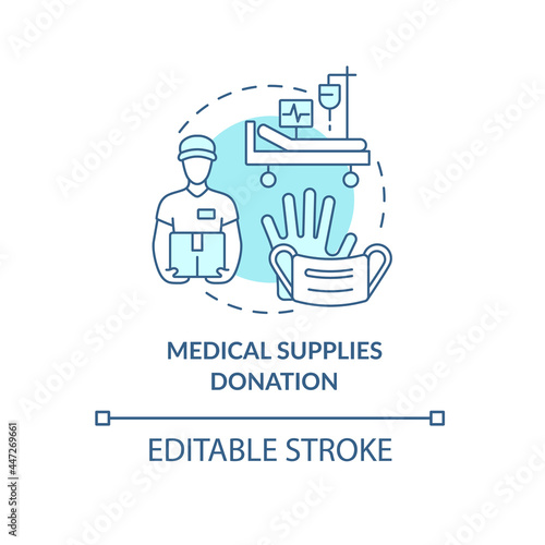 Medical supplies donation concept icon. Humanitarian aid delivery. Charitable hospitals equipment abstract idea thin line illustration. Vector isolated outline color drawing. Editable stroke